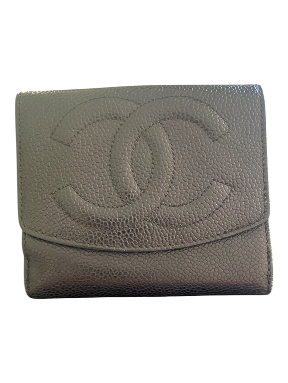 CHANEL Bifold Wallet black quilted caviar leather, embroidered CC logo unisex